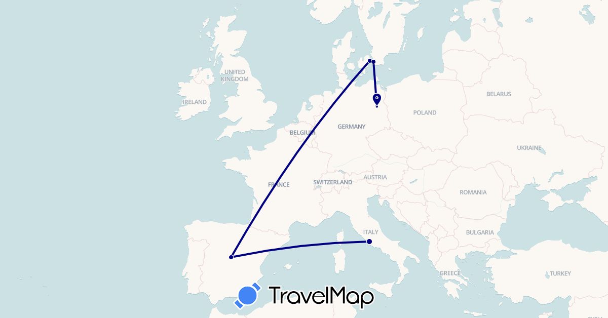 TravelMap itinerary: driving in Germany, Denmark, Spain, Italy, Sweden (Europe)